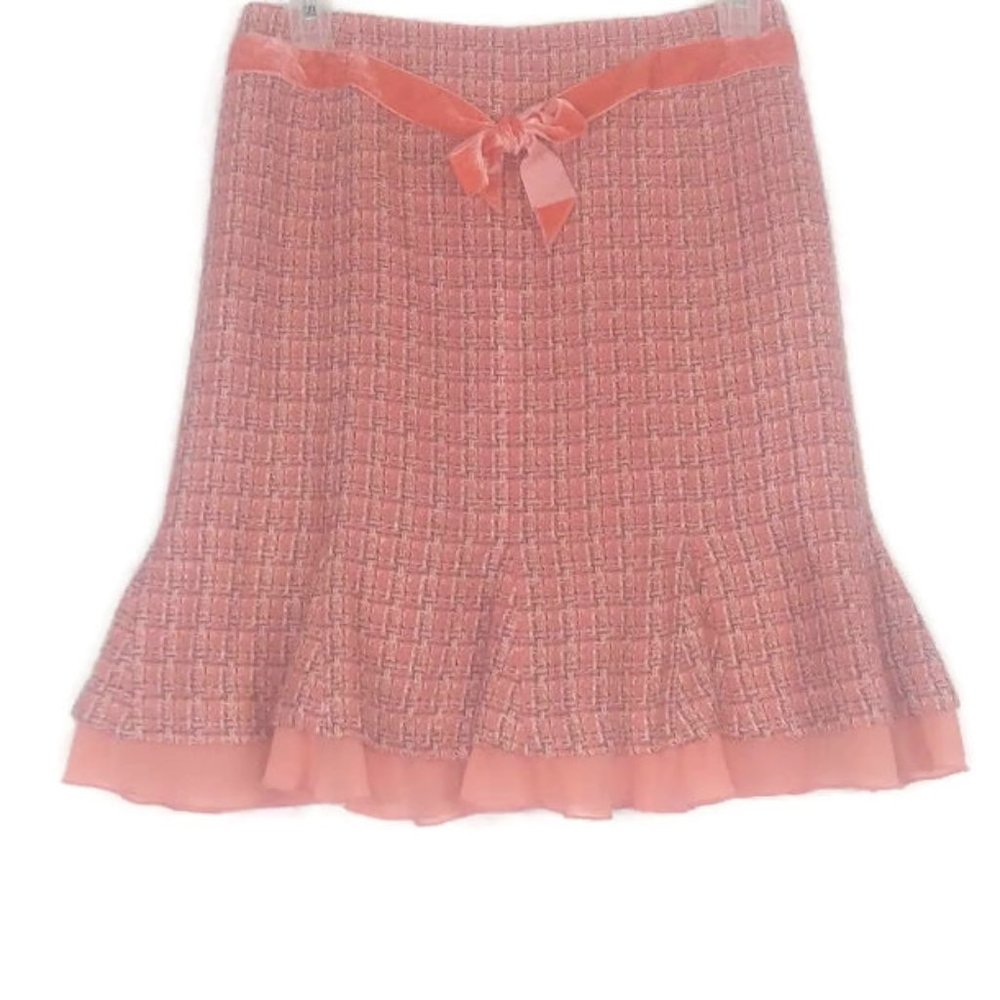 QUE Pink Tweed Ruffle Flounce Hem Skirt